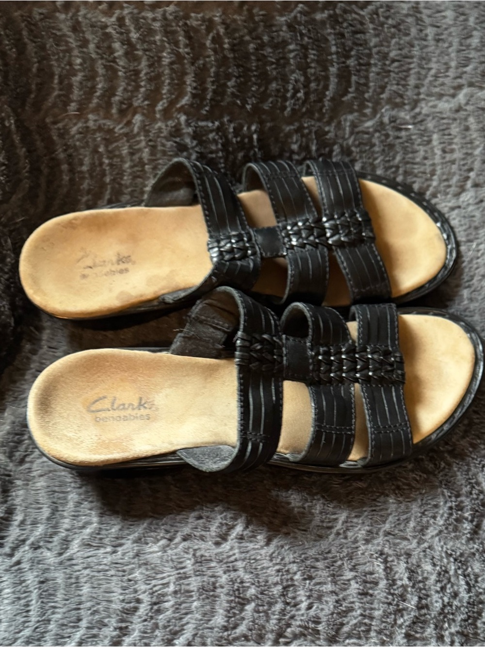 Clarks Black Leather Woven-Strap Slide Mules